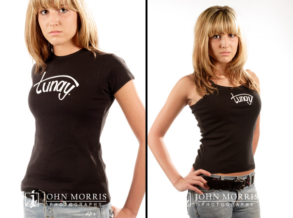 Fashion model, in studio wearing a black t -shirt and tank top for a commercial apparel photo shoot in San Diego.
