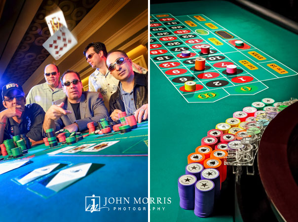 Five gamblers sit at a black jack table as a Jack and a 10 card spin towards the camera and a studio lit roulette table is highlighted for a commercial product shoot.