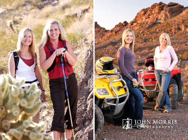 Two women bloggers in casual outfits posing next to atv's and hiking during an active, lifestyle photo shoot.