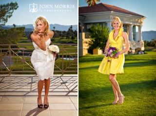 Fashion model in a white wedding dress and a yellow bridesmaid dress during a commercial photo shoot.