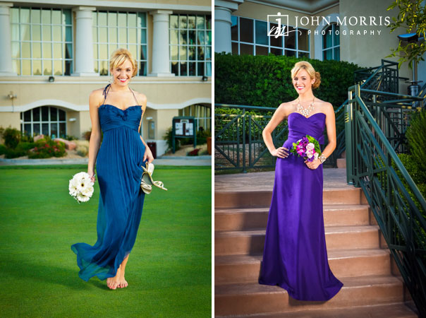 Fashion model posing for the camera in bridesmaids dresses during a commercial photo shoot.