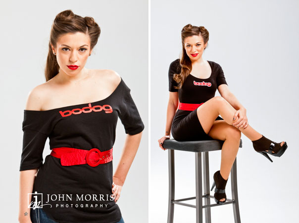 Poker star Amanda Musumeci poses, in studio, for a commercial photo shoot wearing a classic pin up style look.
