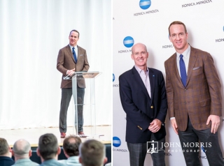 Peyton Manning speaking and posing with attendees at a corporate event in Aspen, CO.