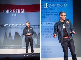 Levi Strauss CEO, on stage, speaking during a corporate event.