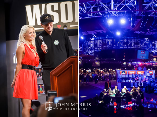 Event Photography and Holly Madison and Phil Hellmuth on stage speaking to players and fans at the World Series of Poker in Las Vegas