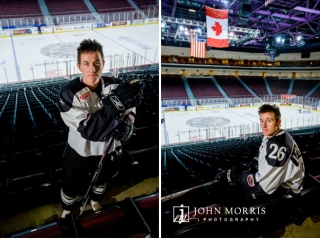 A star hockey player, for the Las Vegas Wranglers, poses during a photo shoot in the bleachers of the arena in Las Vegas