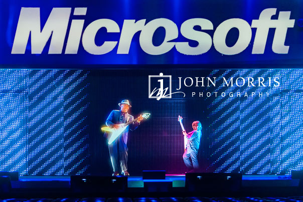 Hologram of BB King performing on stage with a live guitar prodigy during a keynote at a corporate event in Seattle