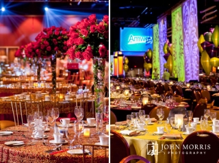 Red roses, blue spotlights and dazzling tapestries accentuate exquisitely decorate tables in anticipation of a gala corporate event.