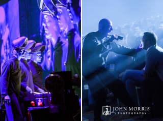 The Blue Man Group perform both on stage and in the audience during the entertainment portion of a corporate event.