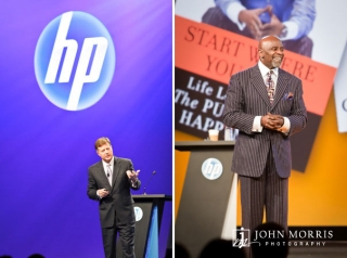 Chris Gardner, author of the book, "The Pursuit of Happiness",smiles during a keynote and and an executive makes a point during a presentation.