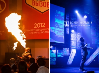 On stage talent and entertainment, a Fire Breather blows a twelve foot column and flame and a Frank Sinatra impersonator cools the crowd down during a Corporate awards dinner.