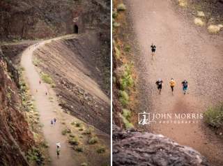 Aerial view of runners along an old railroad trail during a corporate sponsored 5k event.