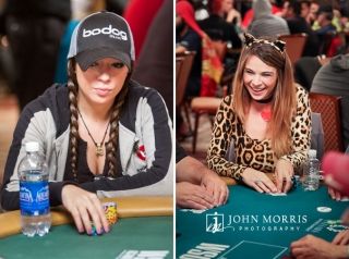 Female Poker players Amanda Musumeci and Tatjana Pasalic displaying intense and playful expressions at poker tables