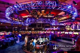 Wide angle view of the main event table and players at the World Series of Poker in Las Vegas
