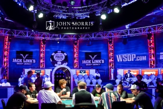 Players sitting at the ESPN sponsored main table at the World Series of Poker in Las Vegas