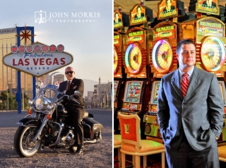 A corporate CEO poses on his motorcycle in front of the iconic Las Vegas Sign and a second executive poses in front of a bank of slot machines for an environmental portrait.
