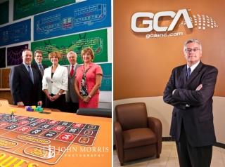 A group of five executives pose for the camera behind a roulette table they designed and a CEO stands proudly in front of signage for a magazine cover story.