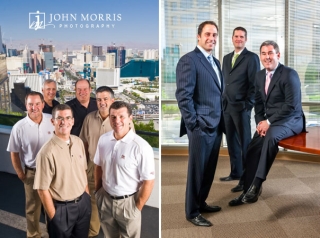 A group of gaming CEO's posing for the camera high above Las Vegas and a group of business partners posing in their new office.