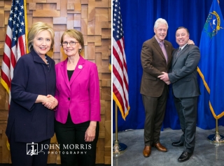 Senator Hillary Clinton and husband, President Bill Clinton posing and shaking hands with constituents.