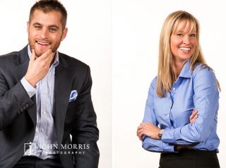 In Studio, energetic, candid corporate headshots of a male and female executive on high key, white background