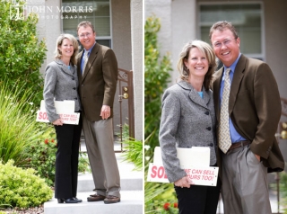 Lifestyle, outdoor headshots of a husband and wife real estate team against a background of a gray house.