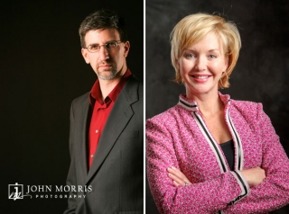 Non Traditional corporate head shot poses of a male and female executive against a dark grey background shot in studio.