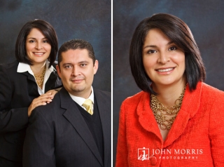 Formal studio portrait of a real estate agent and her husband team member, in studio on a traditional gray background.