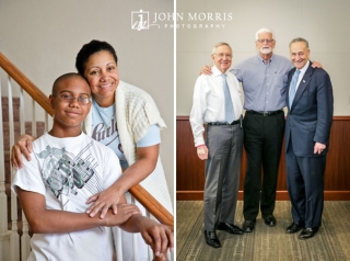 A mother and her son pose on the staircase of their new home and Senators Harry Reid and Chuck Schumer pose with an executive in an informal portrait.