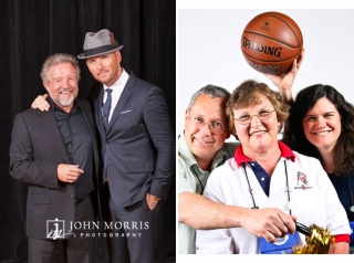 Matt Goss, Las Vegas Crooner, poses with a happy fan during a meet & greet and a happy family poses on a white background, photo booth style during a networking event.