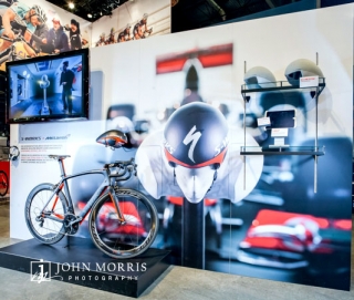 Details inside an exhibit booth during a cycling trade show in Las Vegas.