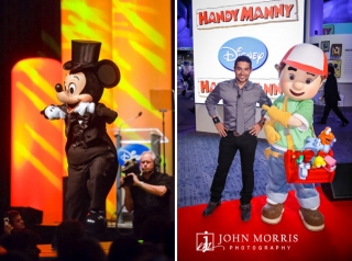Micky Mouse and Handy Manny pose with Wilmer Valderrama during a trade show event at the Disney Booth.