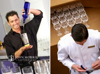Bartenders happily pour wine and create cocktails during an after hours networking event.