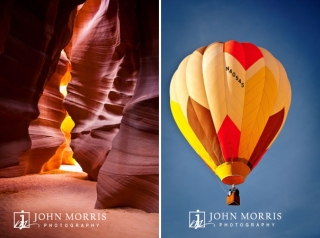 Beautiful colors from Antelope Canyon in Arizona and a hot air balloon framed against a bright blue Nevada sky.